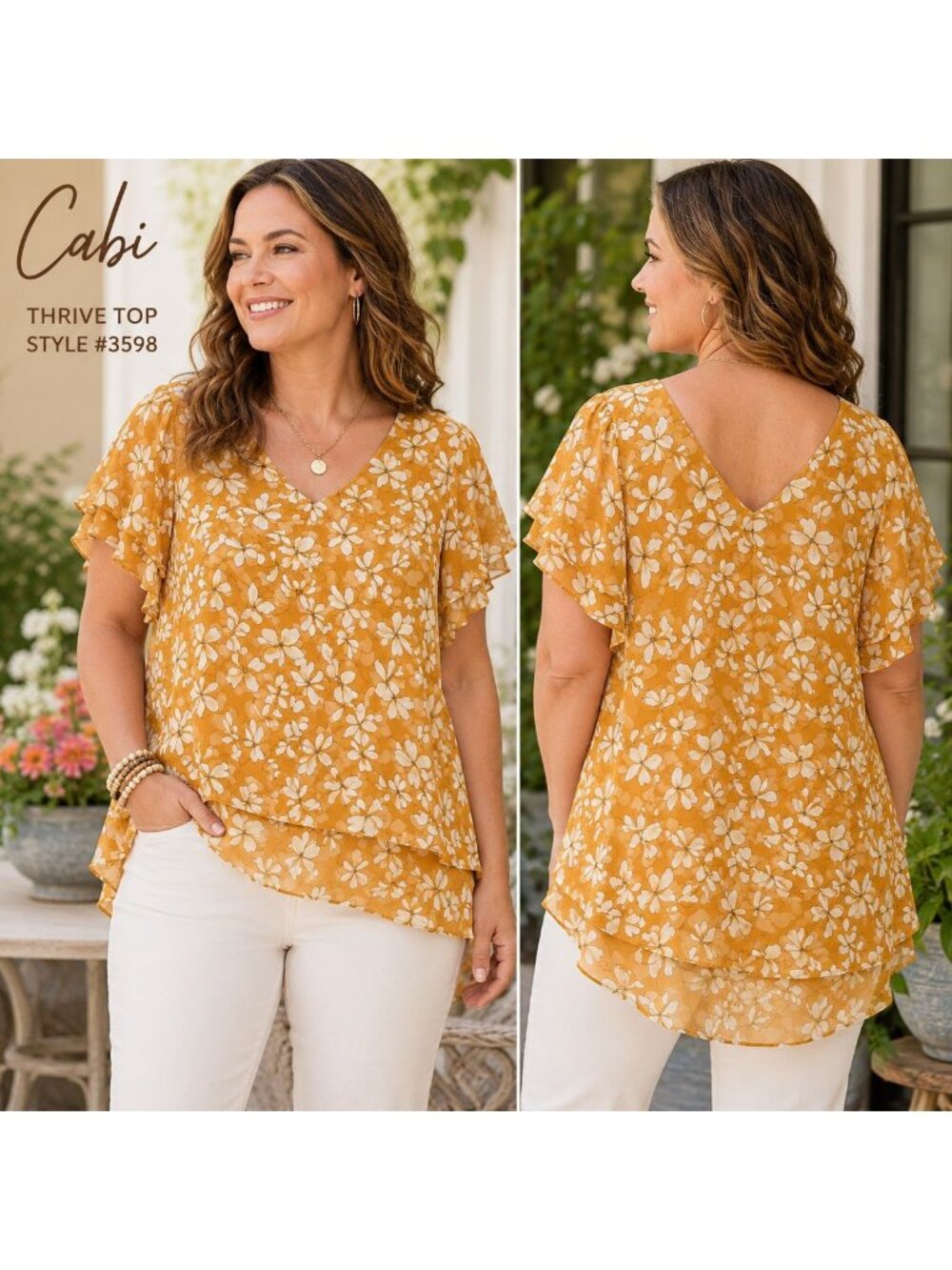 Cabi Thrive Top XL Butterscotch Floral #3598 Double Layer Chiffon V Neck Blouse